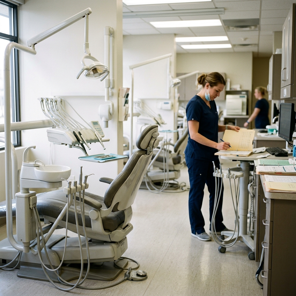 A brightly lit, modern dental clinic room featuring state-of-the-art technological equipment. The scene is shot with high-key lighting, emphasizing a clean, clinical white and soft blue aesthetic, reflecting professional fiduciary standards. The focus is on a high-tech dental chair and precision instruments, arranged in a disciplined, minimalist layout. The mood is calm, trustworthy, and medically authoritative.