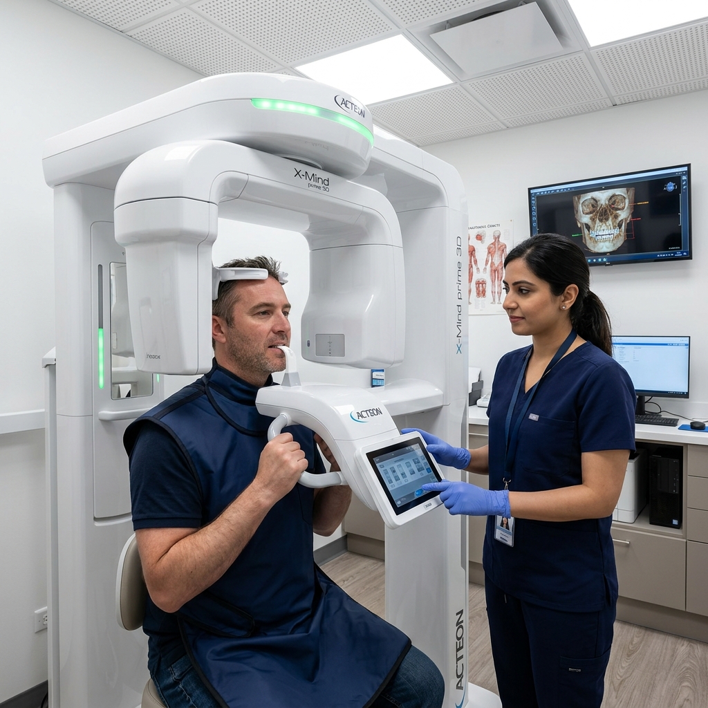 A clear, high-contrast dental panoramic X-ray showing wisdom teeth, displayed on a modern medical monitor in a clinical setting. Minimalist blue-grey color palette.