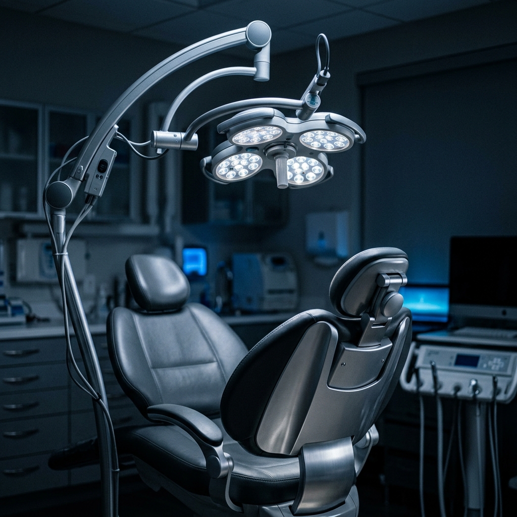 Close up of a sterile dental tray with meticulously arranged instruments under bright surgical light. The aesthetic is clean, medical, and minimalist with a blue-grey tonal layering.
