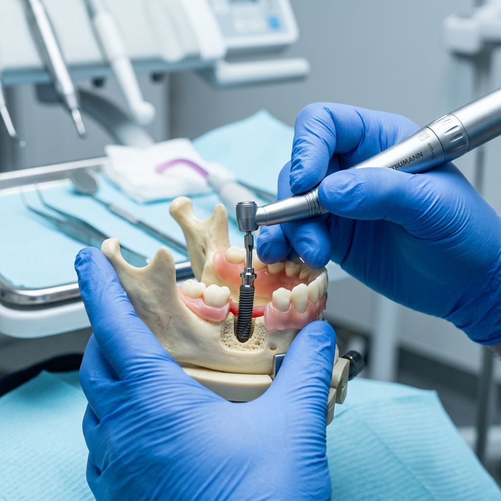 Close-up of surgical titanium implants set up on a clinical tray, symbolizing dental reconstruction.