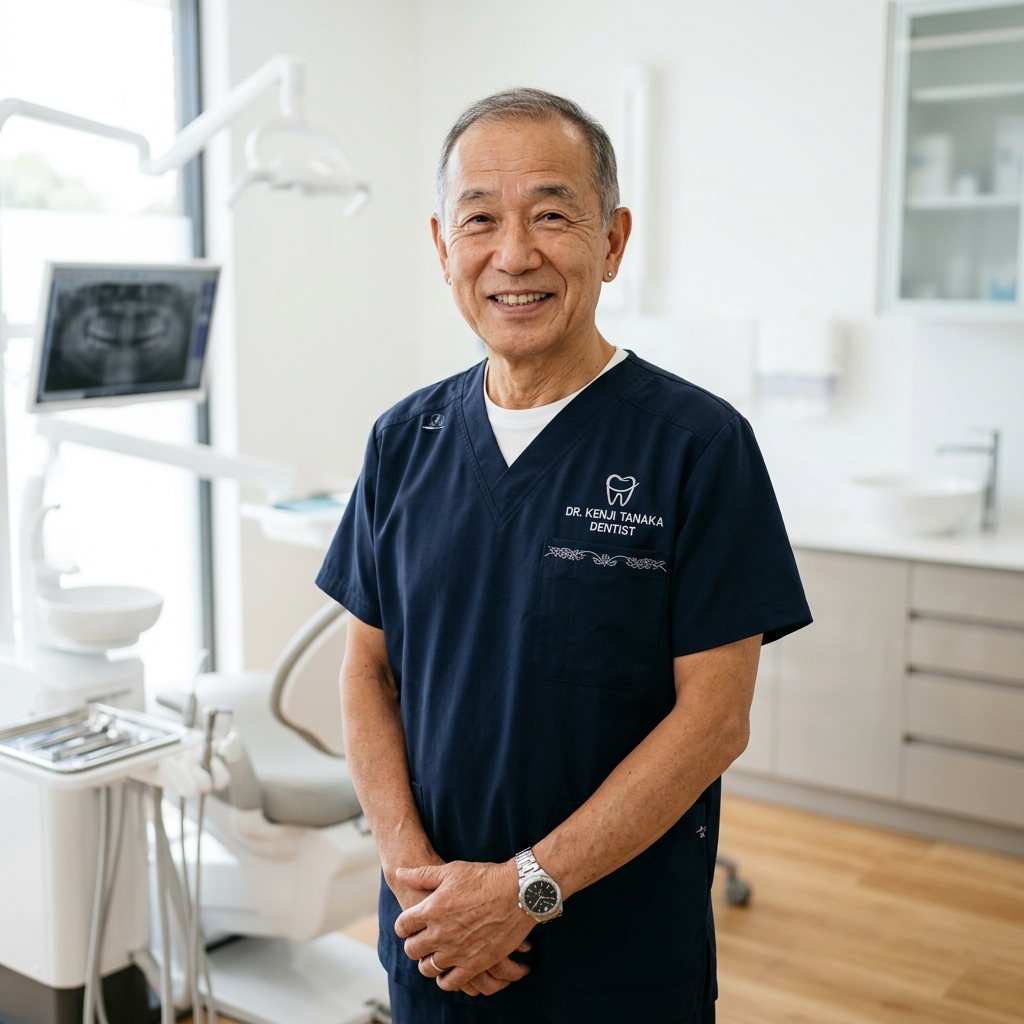 An Asian dentist in a crisp white coat reviewing a digital tablet in a bright, modern clinic. The lighting is soft and professional, conveying elite medical authority and calm.